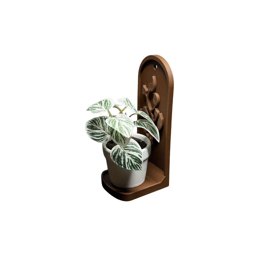 Small potted plant on a wall mount brown holder.